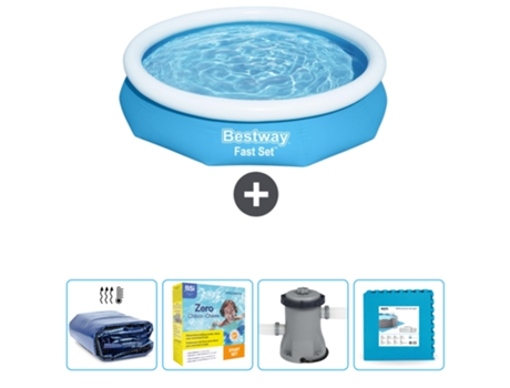 Piscina Hinchable Redonda Fast Set BESTWAY - 305 x 66 cm - Azul - Incluida Vela solar - Paquete de mantenimiento - Bomba - Baldosas