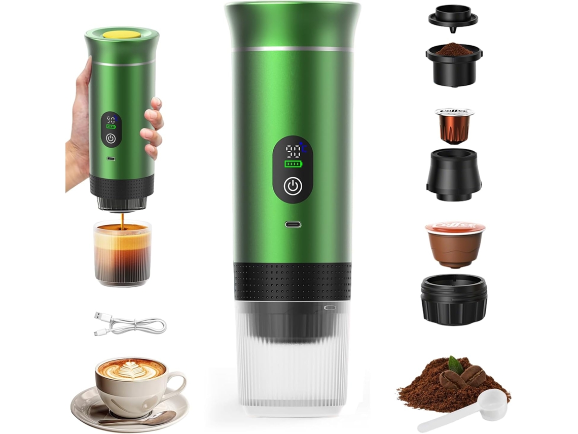 Cafetera portátil con pantalla digital, de cápsulas pequeñas, apta para café molido y cápsulas grandes y pequeñas (verde)