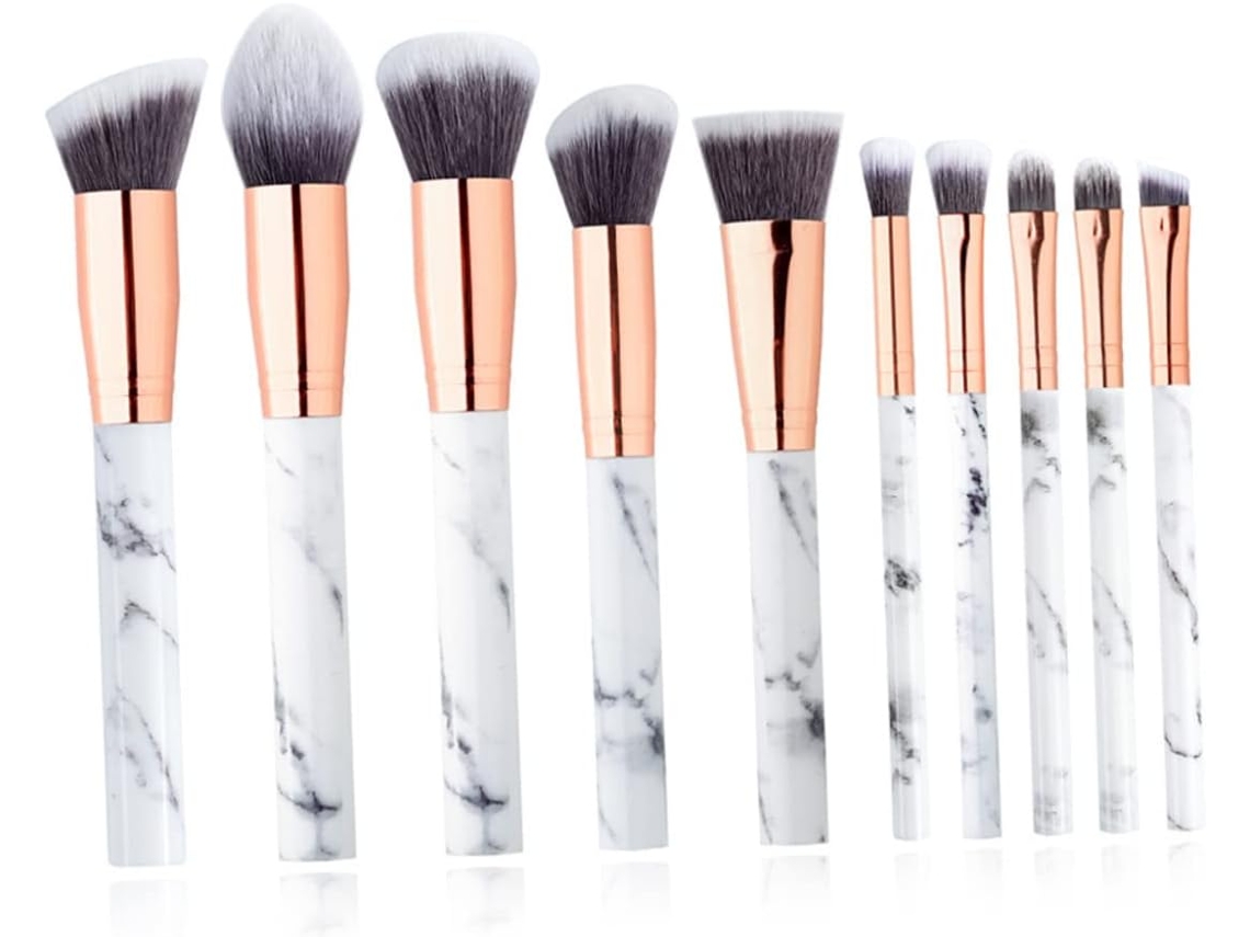 Set de maquillaje portátil de 10 piezas con acabado de mármol blanco, brochas faciales profesionales y Gokoco