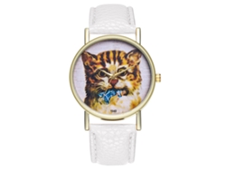Reloj De Pulsera Para Mujer Zhoulianfa, Con Elegante Estampado De Gato Y Correa De Piel Sintética Blanca.