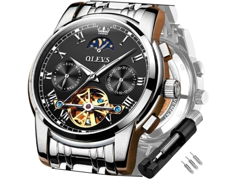 VEANXIN Reloj mecánico automático Tourbillon de acero inoxidable resistente al agua con fecha luminosa para hombre(rostro negro)
