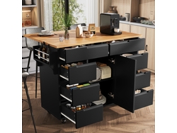 Isla De Cocina Moderna 122x74.5x91.5 Cm - Carro De Cocina Con Ruedas, 8 Cajones, Estante Para Especias - Negro