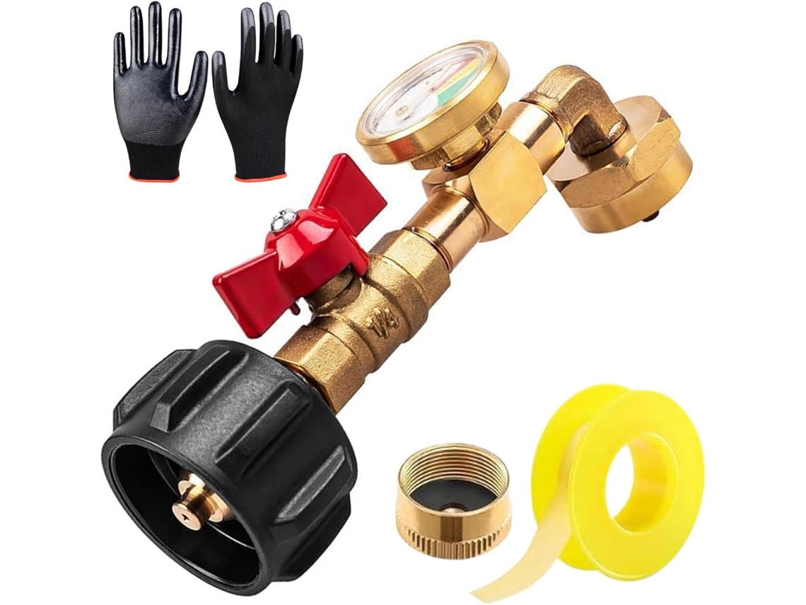 Adaptador de carga angular. Adaptador de carga con válvula y manómetro, con un ángulo de 90 grados para camping, jardinería y picnics. Gokoco