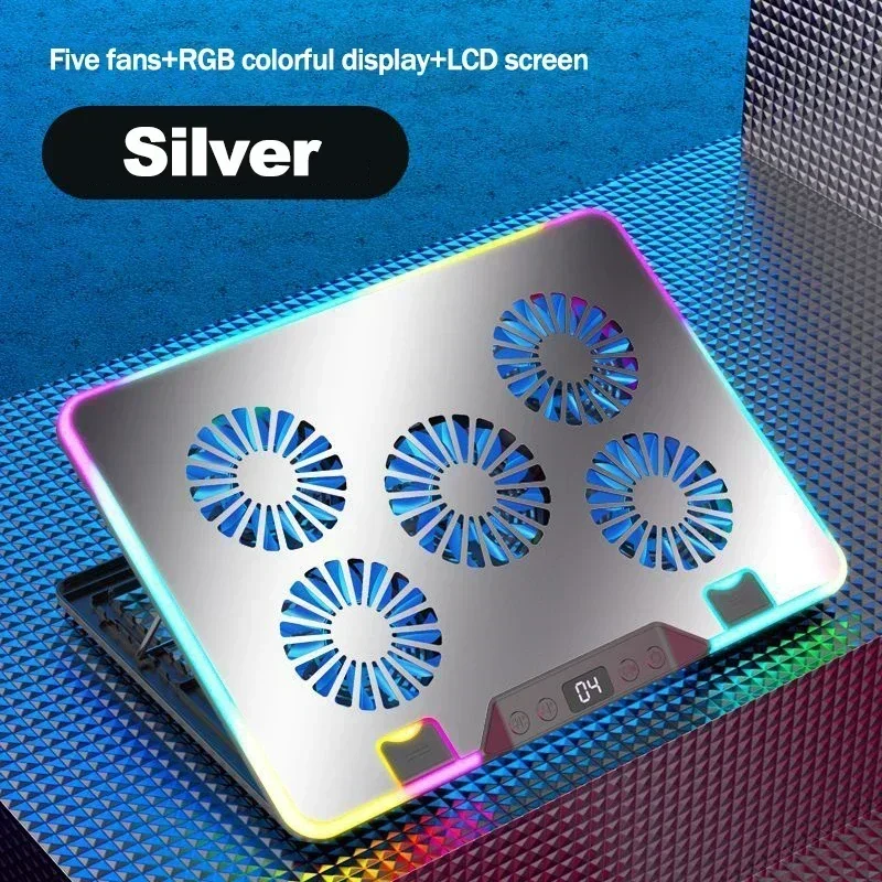Base de refrigeración para portátil gaming (plateada) con 5 ventiladores, dos puertos USB y pantalla LED.