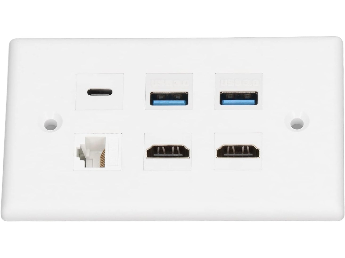 Placa De Pared De 6 Puertos Con Interfaz Multimedia Hd, Usb 3.0 Tipo-c, Cat6 Y Ethernet.