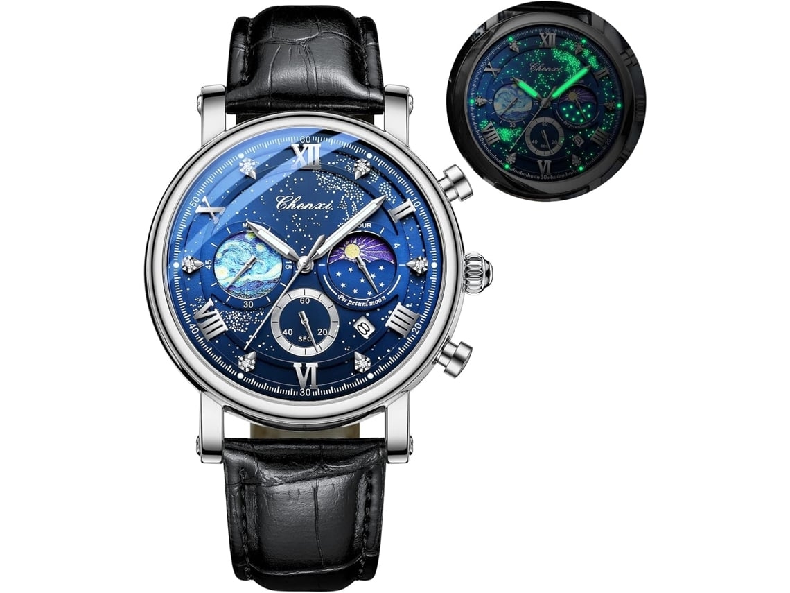 Moon Phase Chronograph Reloj Masculino Con Pulsera De Cuero A Prueba De Agua Marrón Azul Yuysan