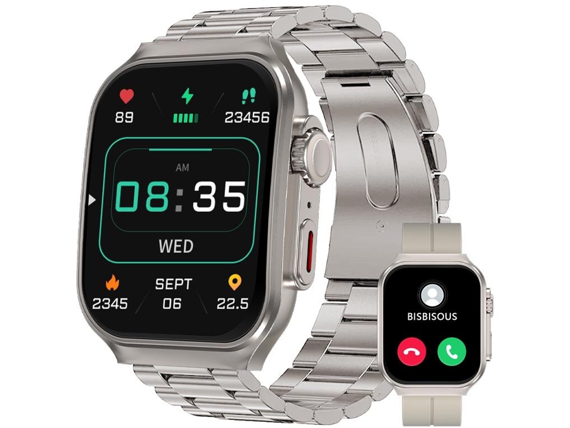 Reloj inteligente UHD de 2,01 pulgadas con llamadas Bluetooth y dos correas plateadas