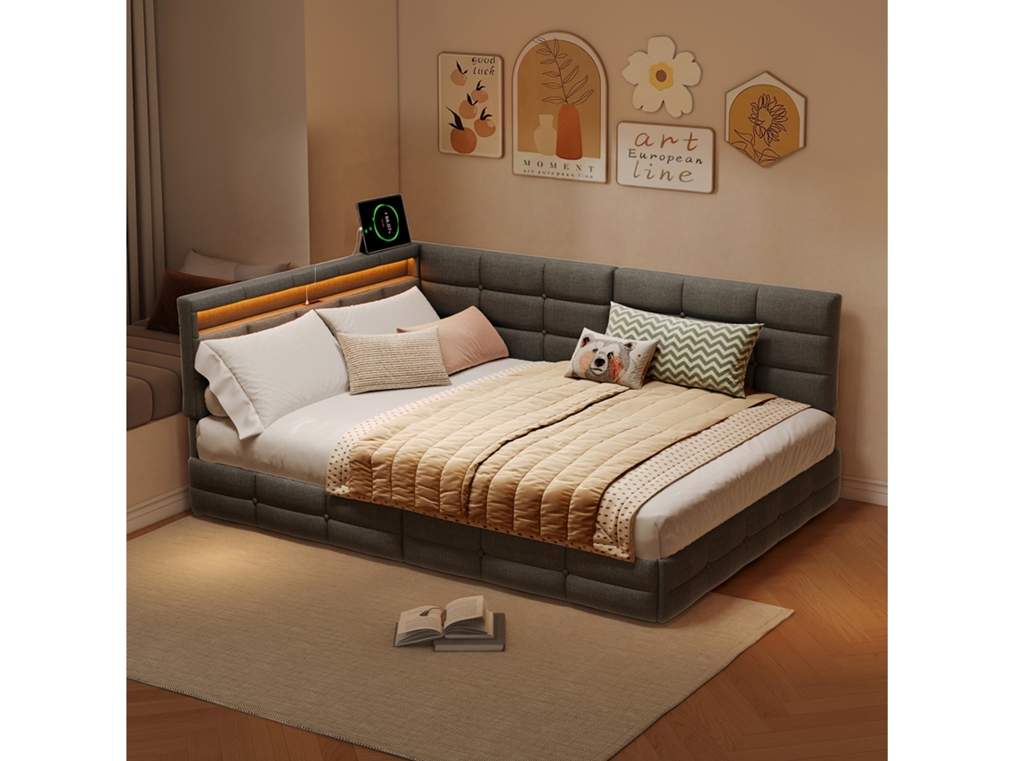 Cama Baúl 140x190cm, Sofá Cama Convertible Con Cabecera En L Reversible, Cajón De Almacenaje, Luz Led, Puerto Usb, Tela De Lino, Gris