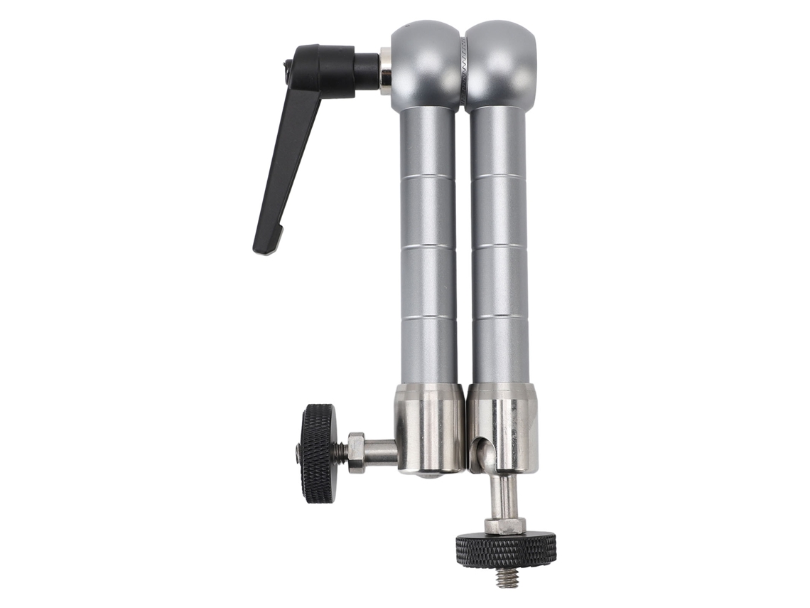 Soporte de brazo ajustable para cámara con refuerzo articulado y sujeción por fricción.
