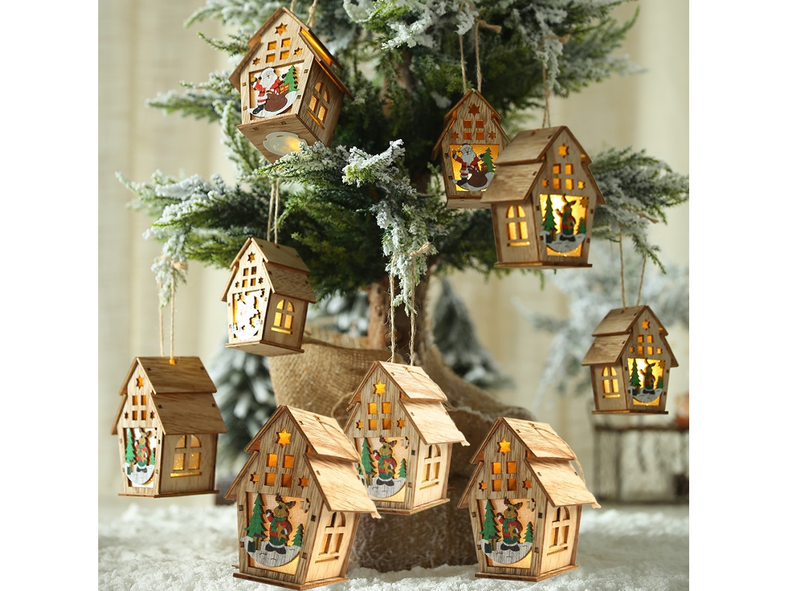 Casa de madera 2026 con luces LED, chalet navideño DIY para decorar un árbol, regalo y adornos navideños.
