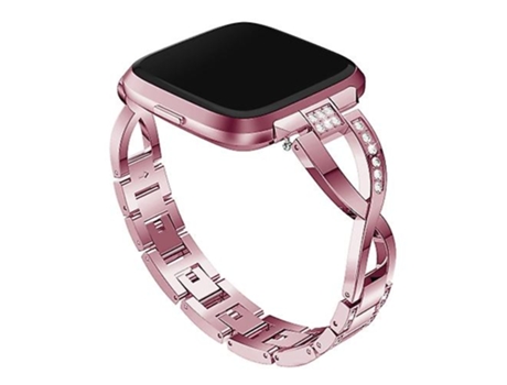 Pulsera con banda de reloj de acero inoxidable macizo con tachuelas de diamantes en forma de X para Fitbit Versa Lite rosa VENISYMLIS
