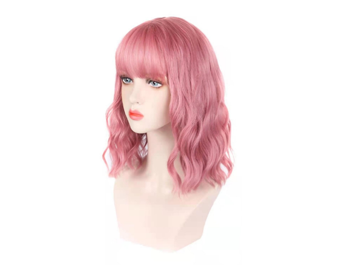 Peluca De Pelo Rizado Suave Rosa Claro Con Franja Para Mujer