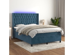 Cama Box Spring Colchón Y Led Terciopelo Azul Oscuro 140x190 Cm