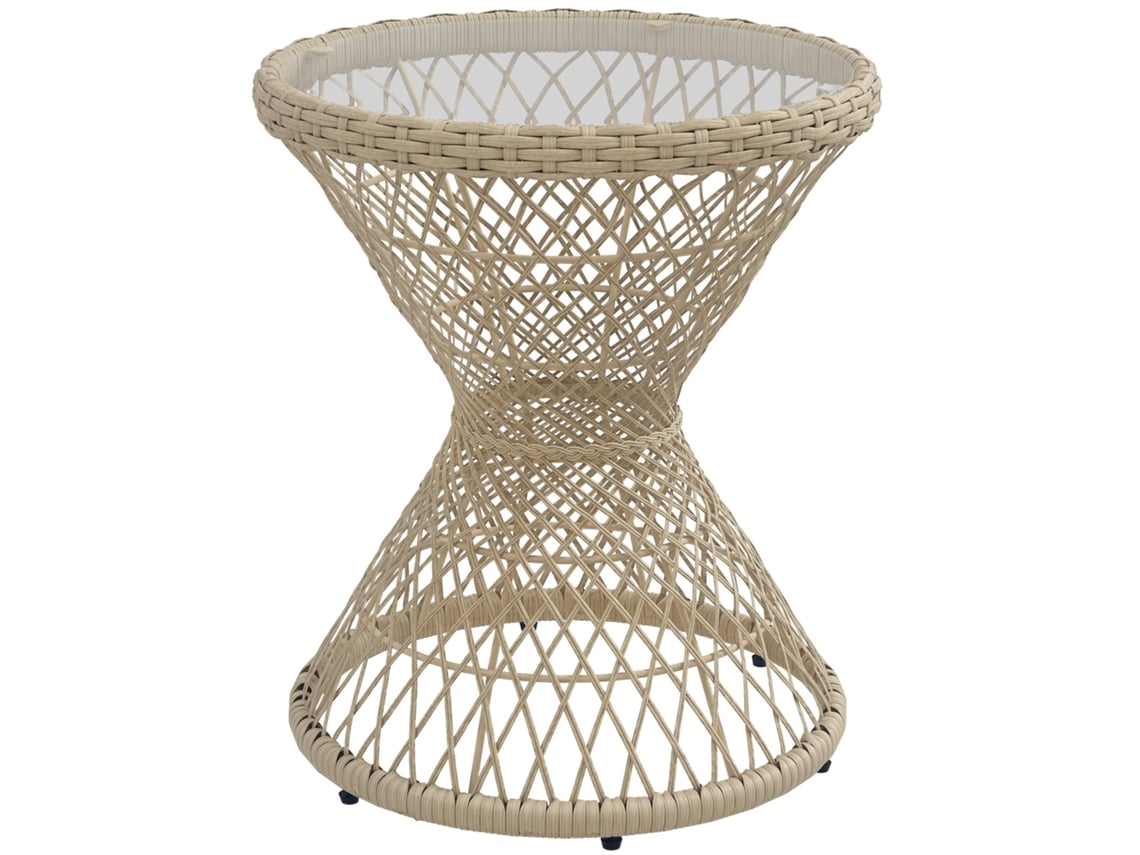 Mesa auxiliar de centro estilo boho, de cristal y ratán, 45x45x52 cm, color natural.