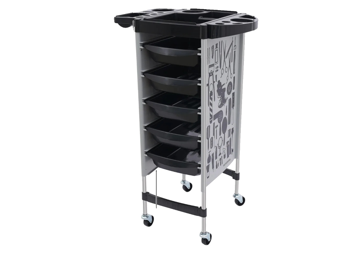 Carrito de salón, carrito de almacenamiento móvil, organizador con 5 cajones, gris, blanco y negro.