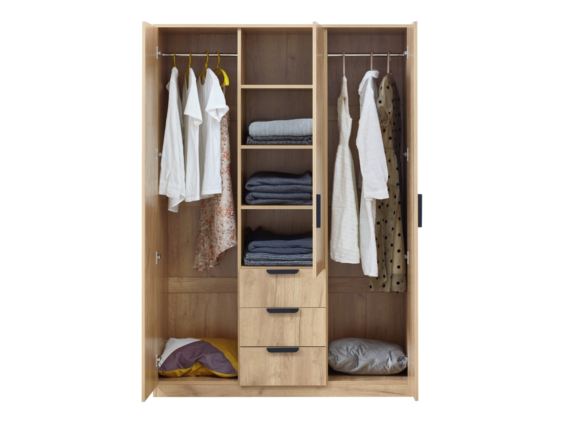 Armario Ropero Eiselfing (3 puertas 2 percheros 4 compartimentos 3 cajones) MDF 176 x 120 x 52 cm Efecto roble [EN.CASA]