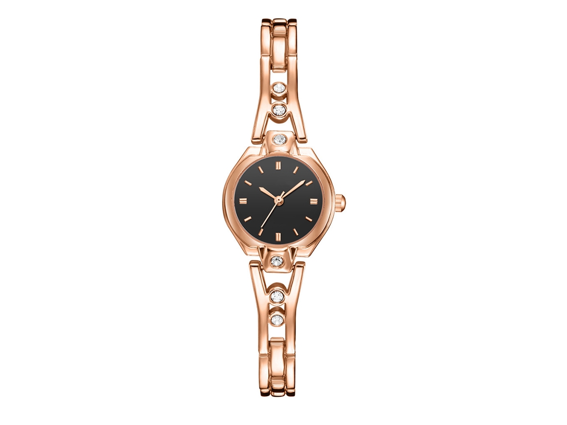 Elegante Reloj De Pulsera De Cuarzo Para Mujer Con Esfera Negra Y Correa De Oro Rosa.