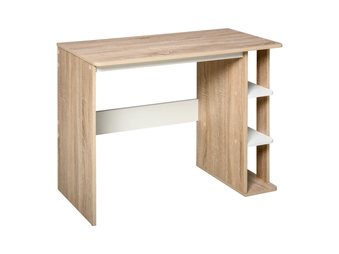 Escritorio Para Ordenador , 100 Cm De Largo X 44 Cm De Ancho X 74 Cm De Alto, 3 Estantes Laterales, Madera De Roble Claro Y Blanca.