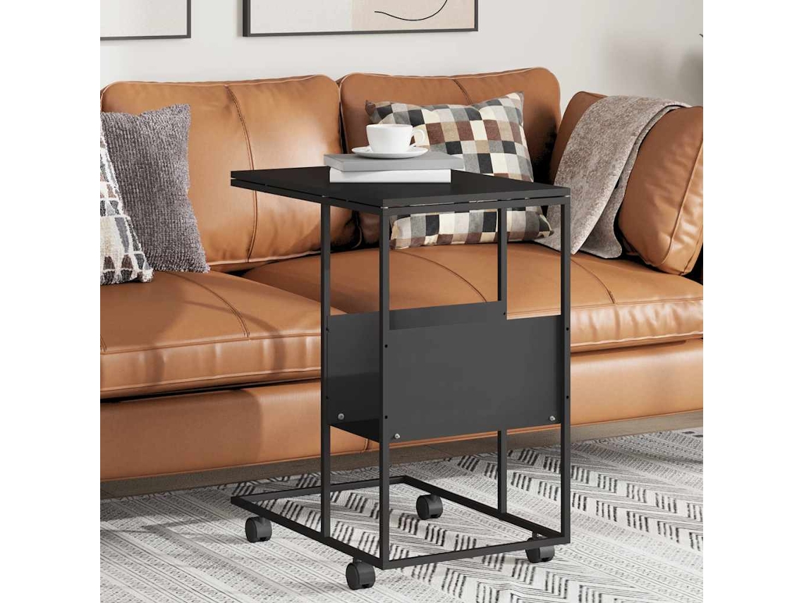 Mesa Auxiliar | Mesa Lateral Con Ruedas Madera Ingeniería Negra 55x36x63,5 Cm