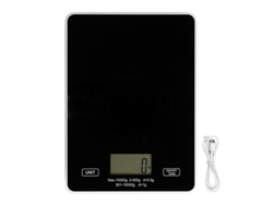 Báscula de cocina USB, vidrio templado, pesa hasta 10 kg, ideal para alimentos y repostería, color negro. Sfushos