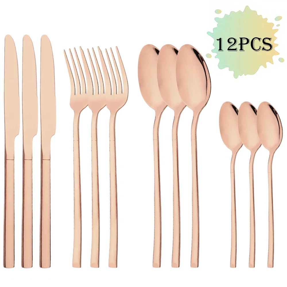 MDUG (Juego de cubiertos de acero inoxidable de 12 piezas en tono oro rosa, que incluye cuchillo, tenedor y cuchara de café)