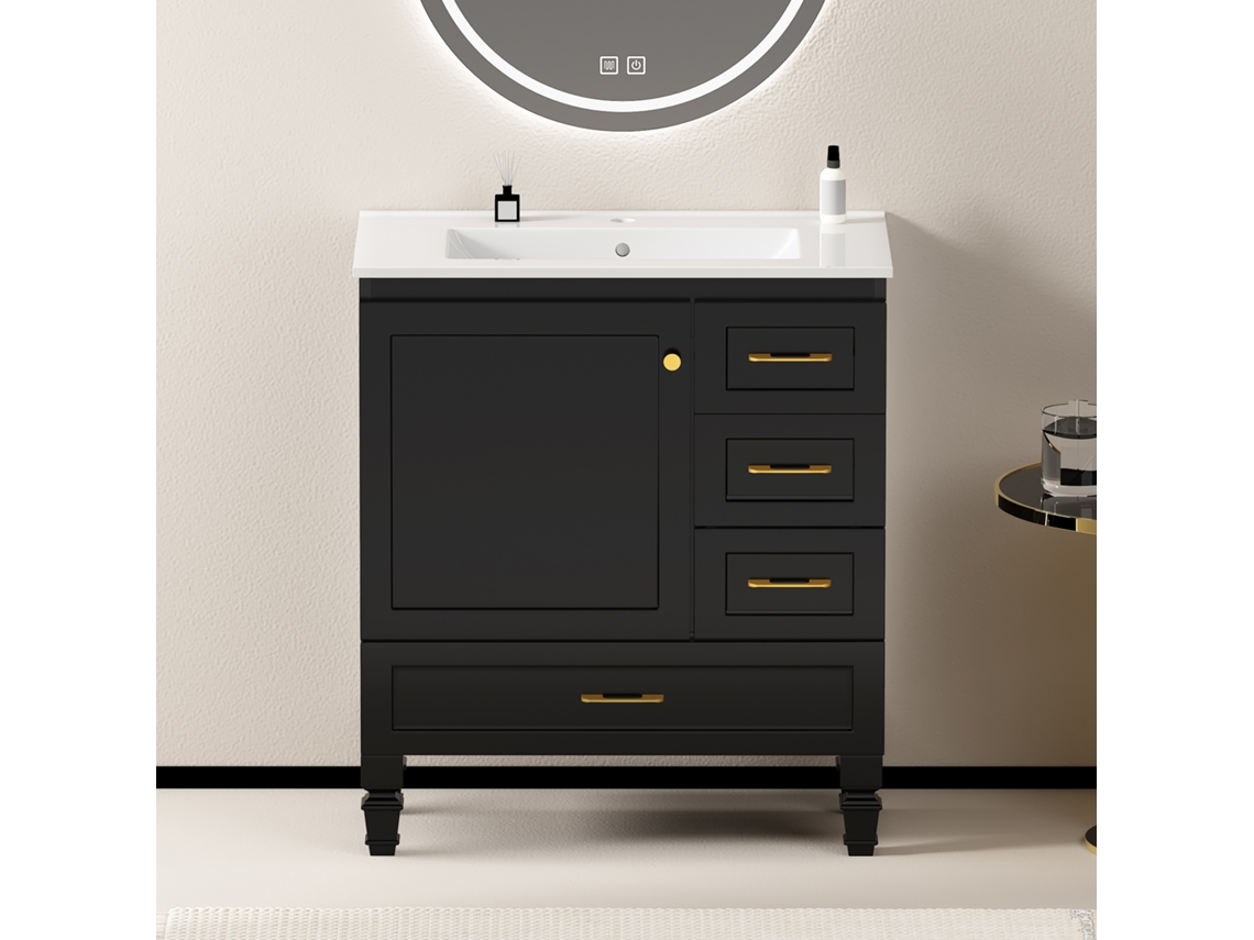 Móvel Casa Banho 76 Cm Com 1 Porta Soft-close E 3 Gavetas - Preto