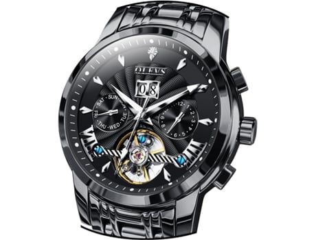 VEANXIN Reloj hueco automático para hombre Calendario clásico Reloj de acero inoxidable resistente al agua(negro)