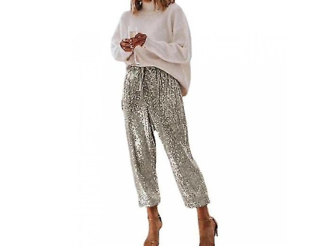 2026-pantalones Deportivos De Lentejuelas Brillantes Para Mujer Con Cintura Alta Elástica Y Estiramiento L Plata