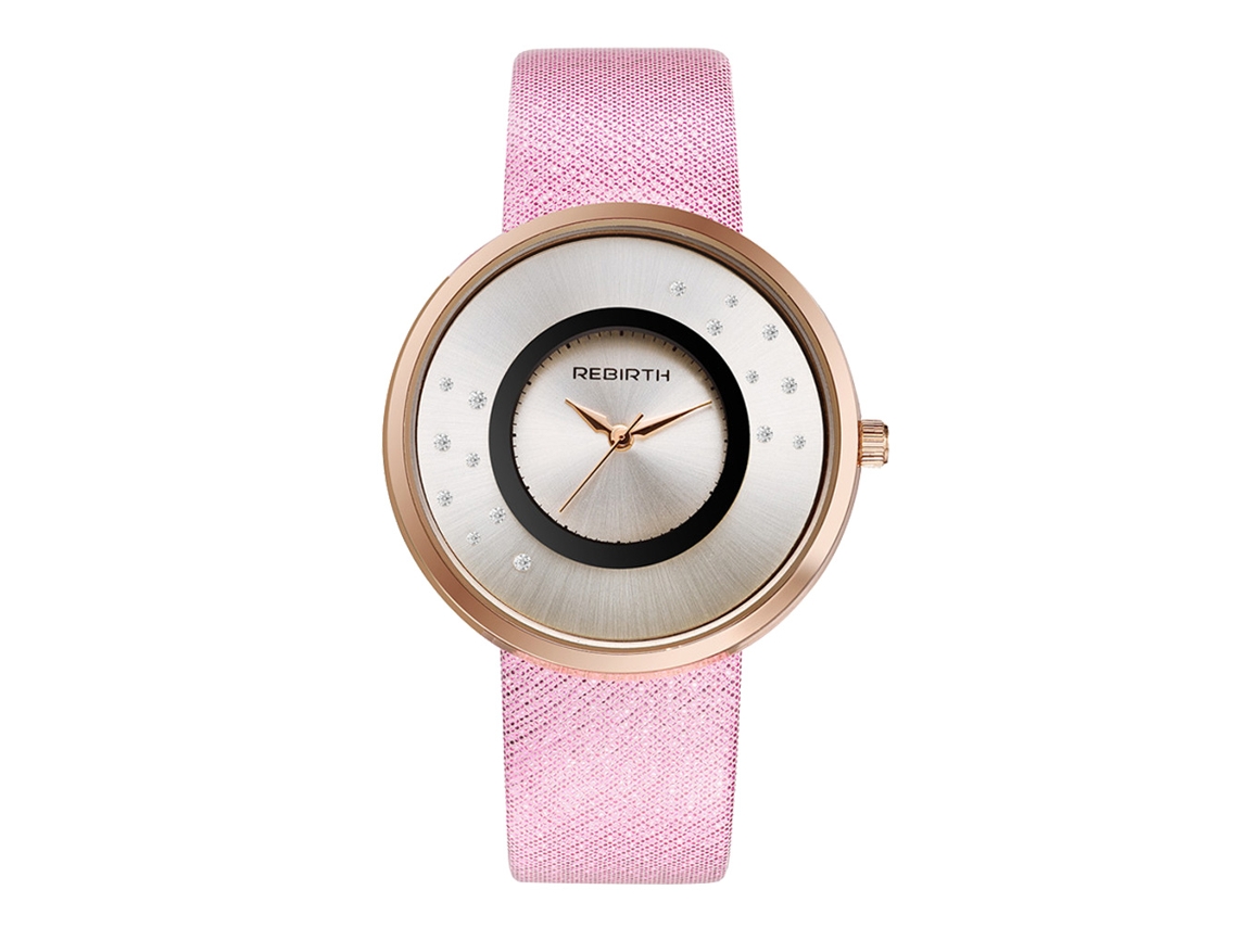 Reloj De Cuarzo Impermeable Rebirth Para Mujer Con Correa De Cuero Rosa.