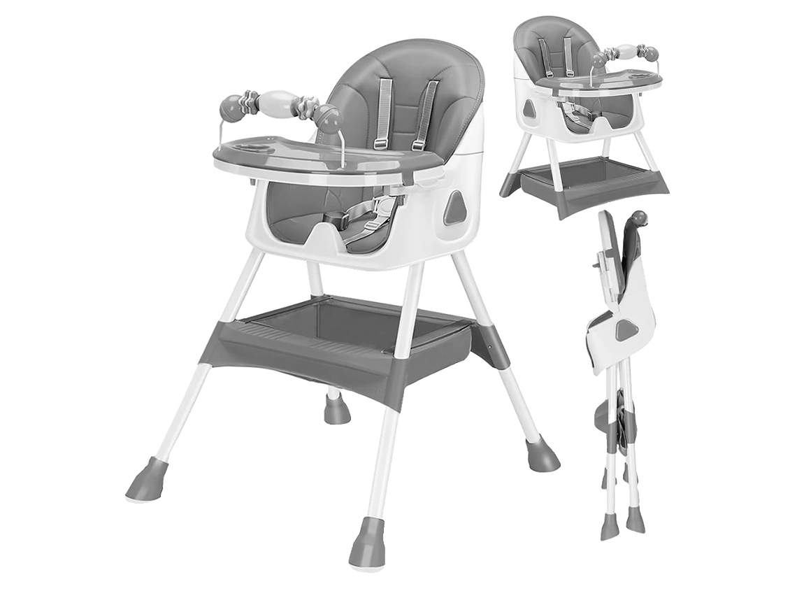 Trona para bebé, diseño 3 en 1, bandeja ajustable y extraíble, arnés de 5 puntos, gris