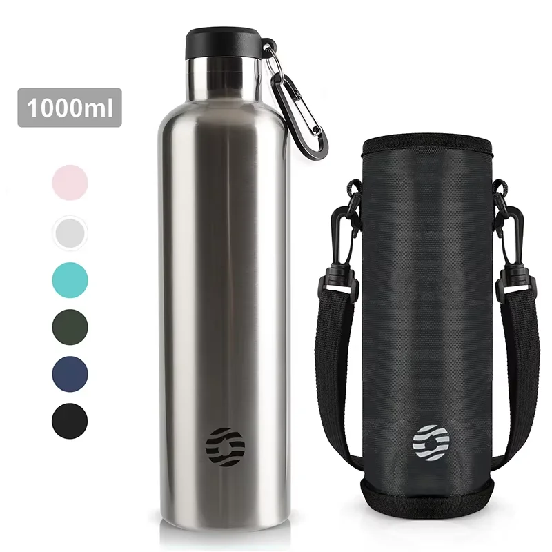 Botella térmica deportiva de acero inoxidable (plateada, 1000 ml) con aislamiento al vacío, a prueba de fugas y libre de BPA.