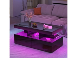 Mesa de centro 104x53x46 cm con iluminación LED, diseño moderno de alto brillo con estantes abiertos y 2 cajones, negro Rosahqnda