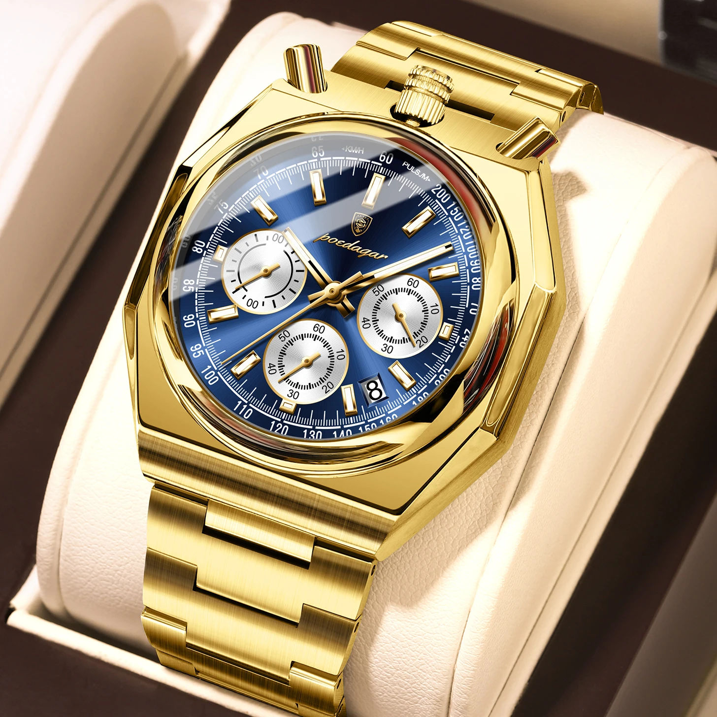 Reloj De Cuarzo Para Hombre (caja Dorada, Esfera Azul), Agujas Luminosas, Indicador De Fecha.
