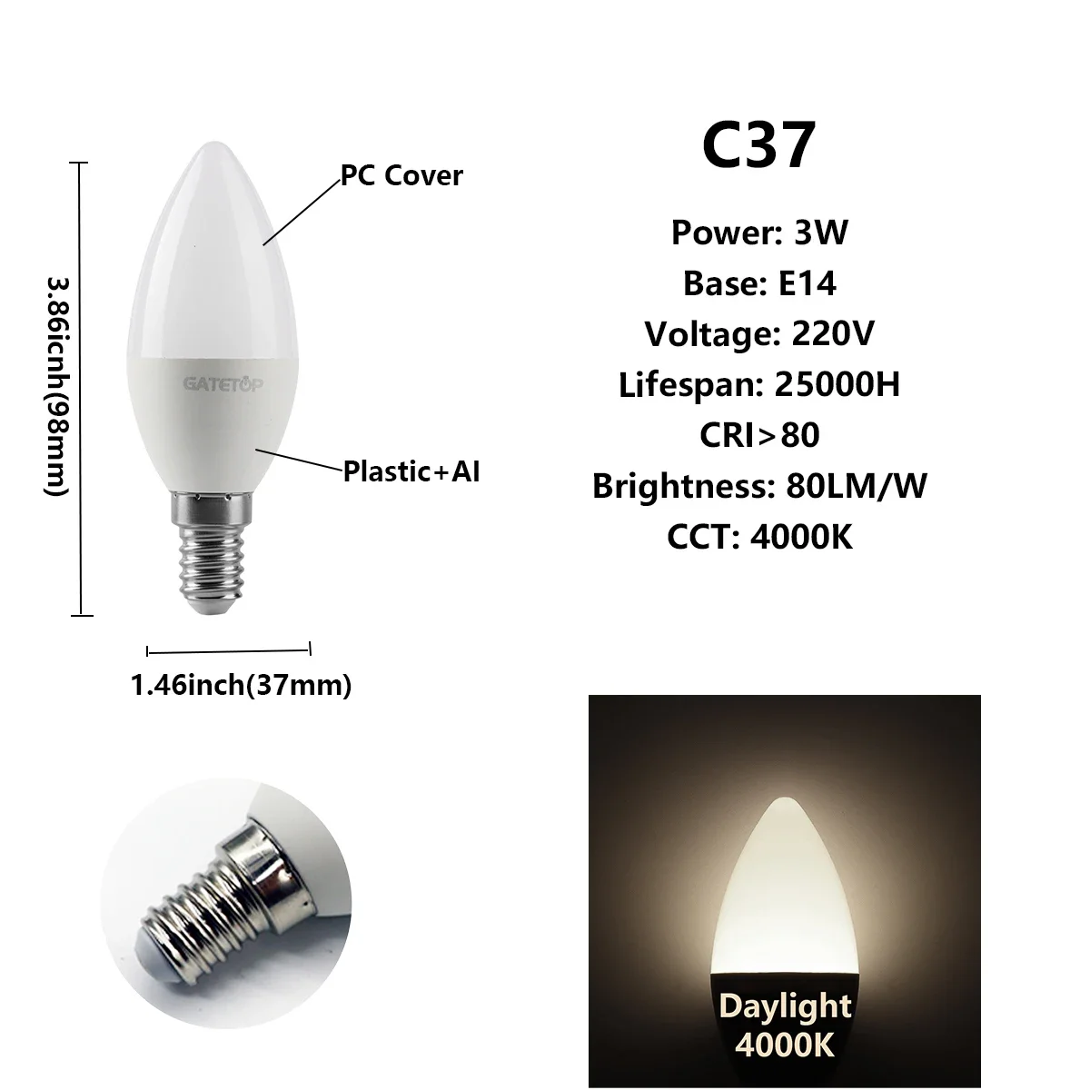 Bombillas Led (c37 3w E14 4000k) Paquete De 10 Unidades, Adecuadas Para La Decoración Del Hogar, El Estudio Y El Baño.