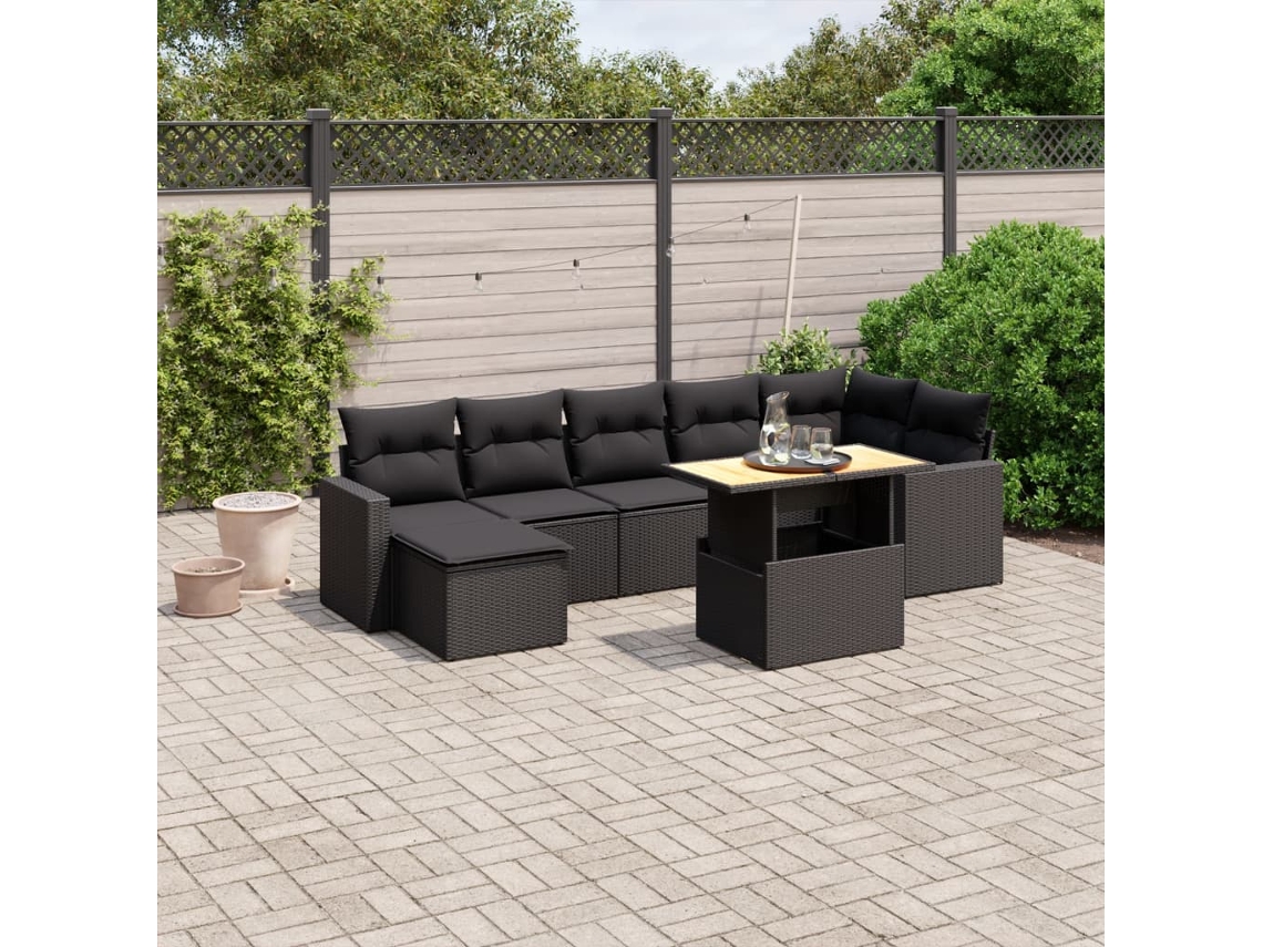 Conjunto de 8 sofás de jardín con cojines de mimbre sintético negro, Dkd Home Decor