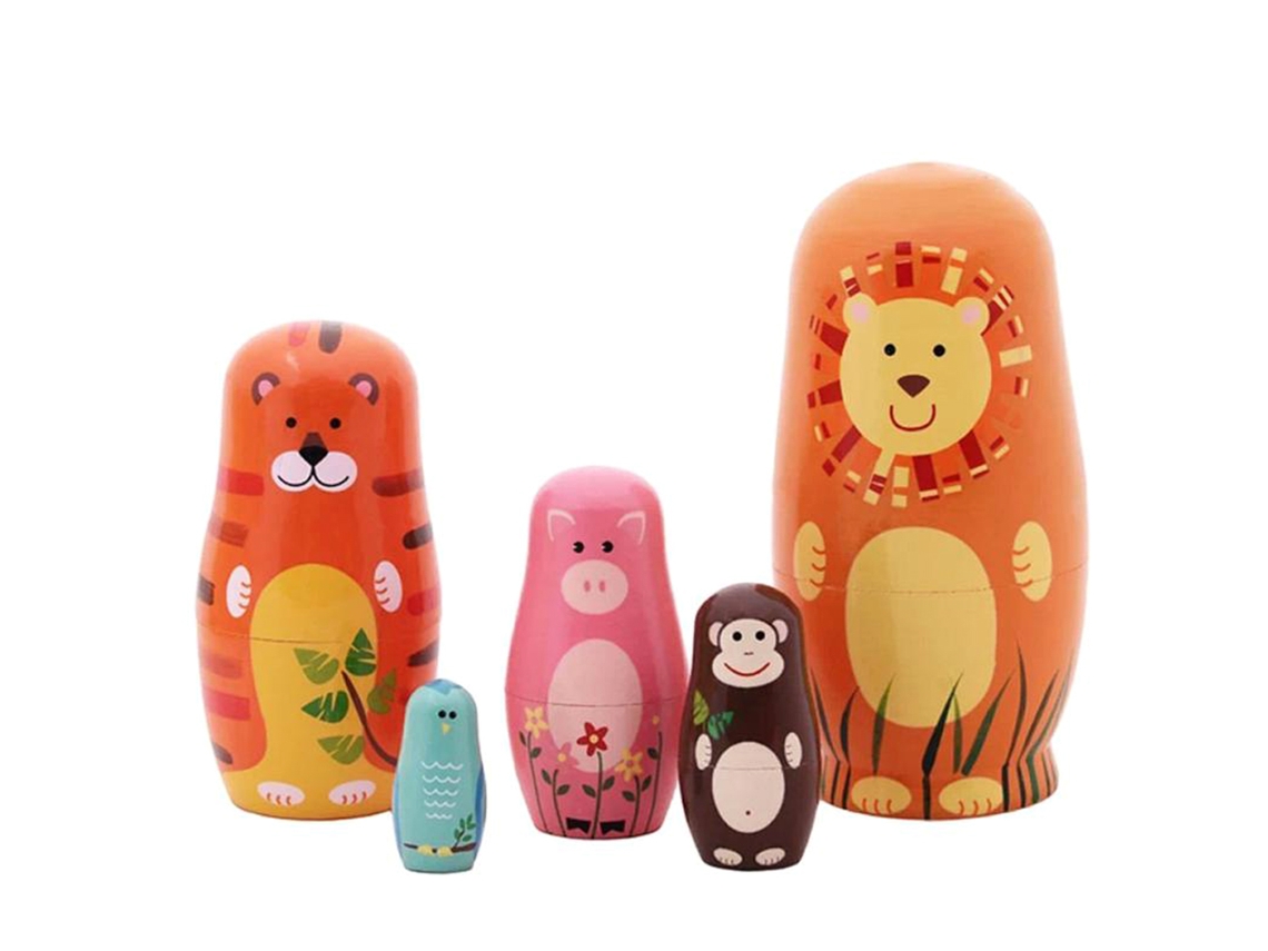 20du26 5 piezas Muñecos rusos de animales con lindos diseños de dibujos animados Regalos Decoración del hogar 15cm Madera