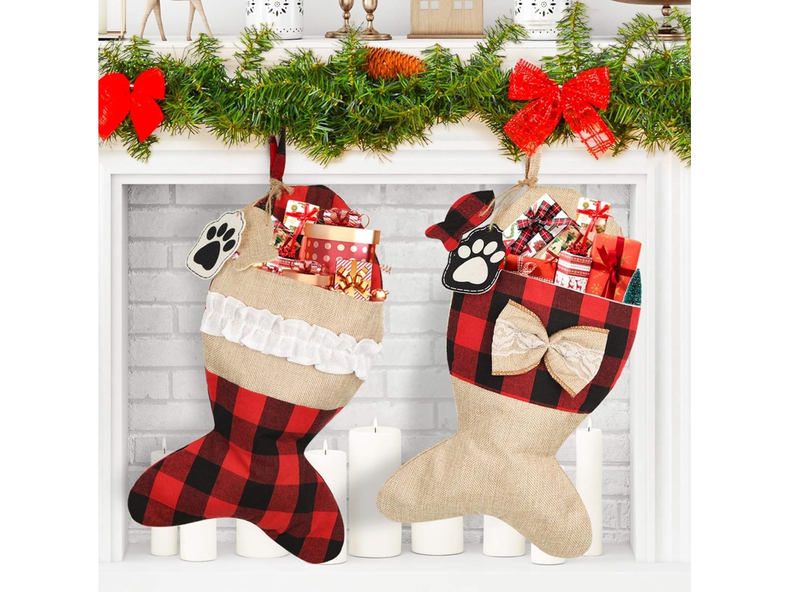 Medias navideñas personalizadas para mascotas, decoración grande de arpillera, cuadros rojos y negros, para colgar en la chimenea, ambiente festivo.