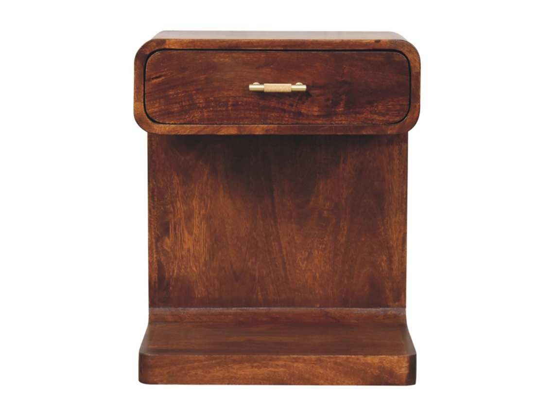 Mesita de noche redonda en forma de T de madera maciza marrón, 1 cajón, muebles artesanales marrón oscuro