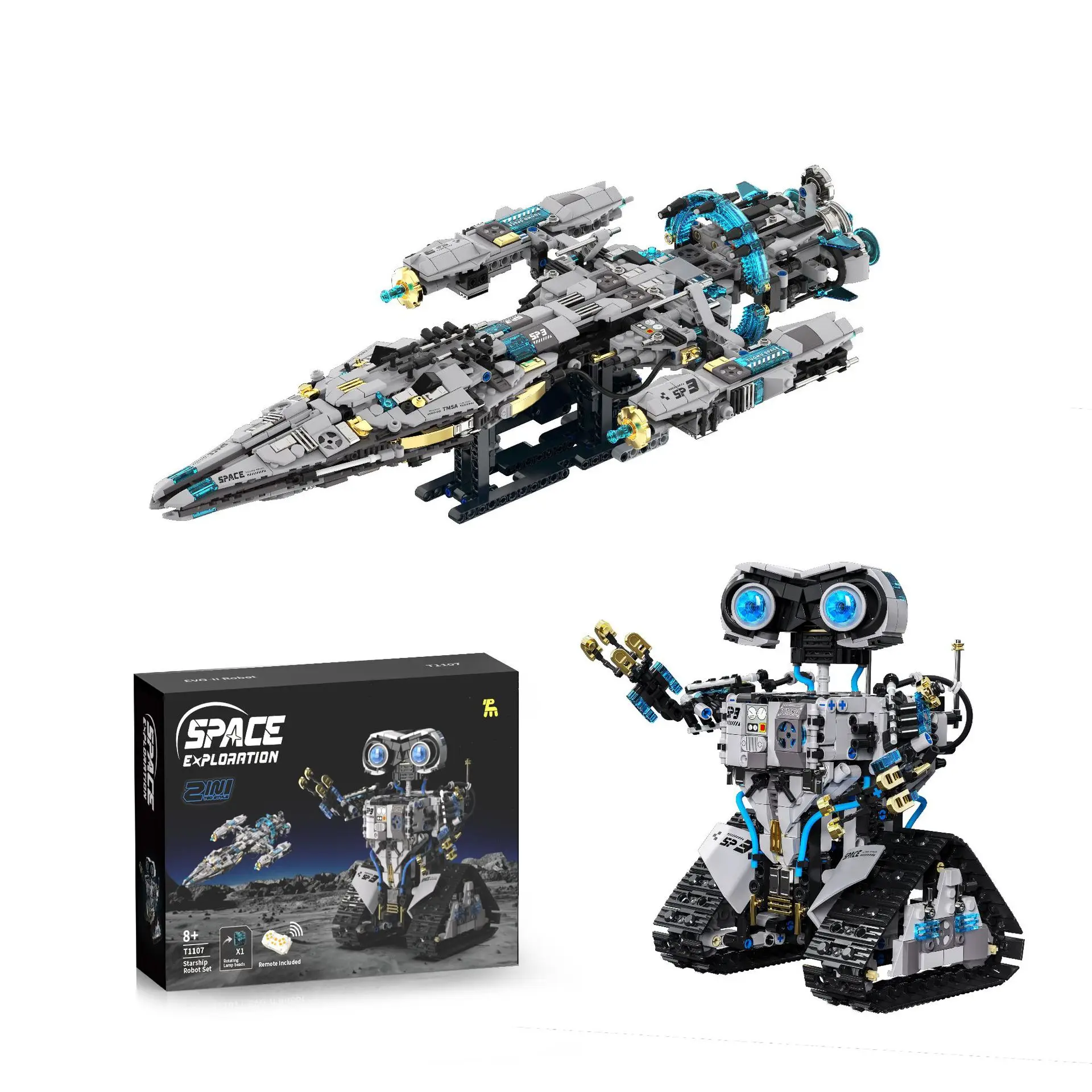 (t1107) Modelo de nave espacial transformable programable 2 en 1 con 1468 piezas y bloques de construcción robóticos.