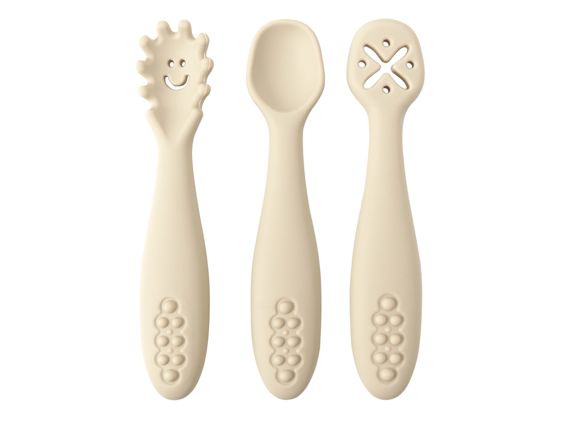 Juego de cubiertos de silicona para bebé de 3 piezas, que incluye una cuchara y un tenedor suaves. MDUG (color playa)