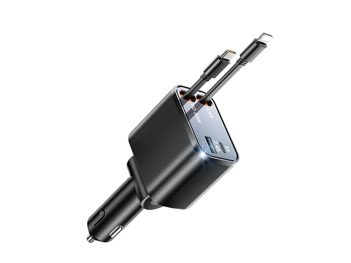 Cargador De Coche Retráctil 4 En 1 Con Cables De Carga Rápida Pd De 30 W Y 2,4 A, Compatible Con Ios Y Android.