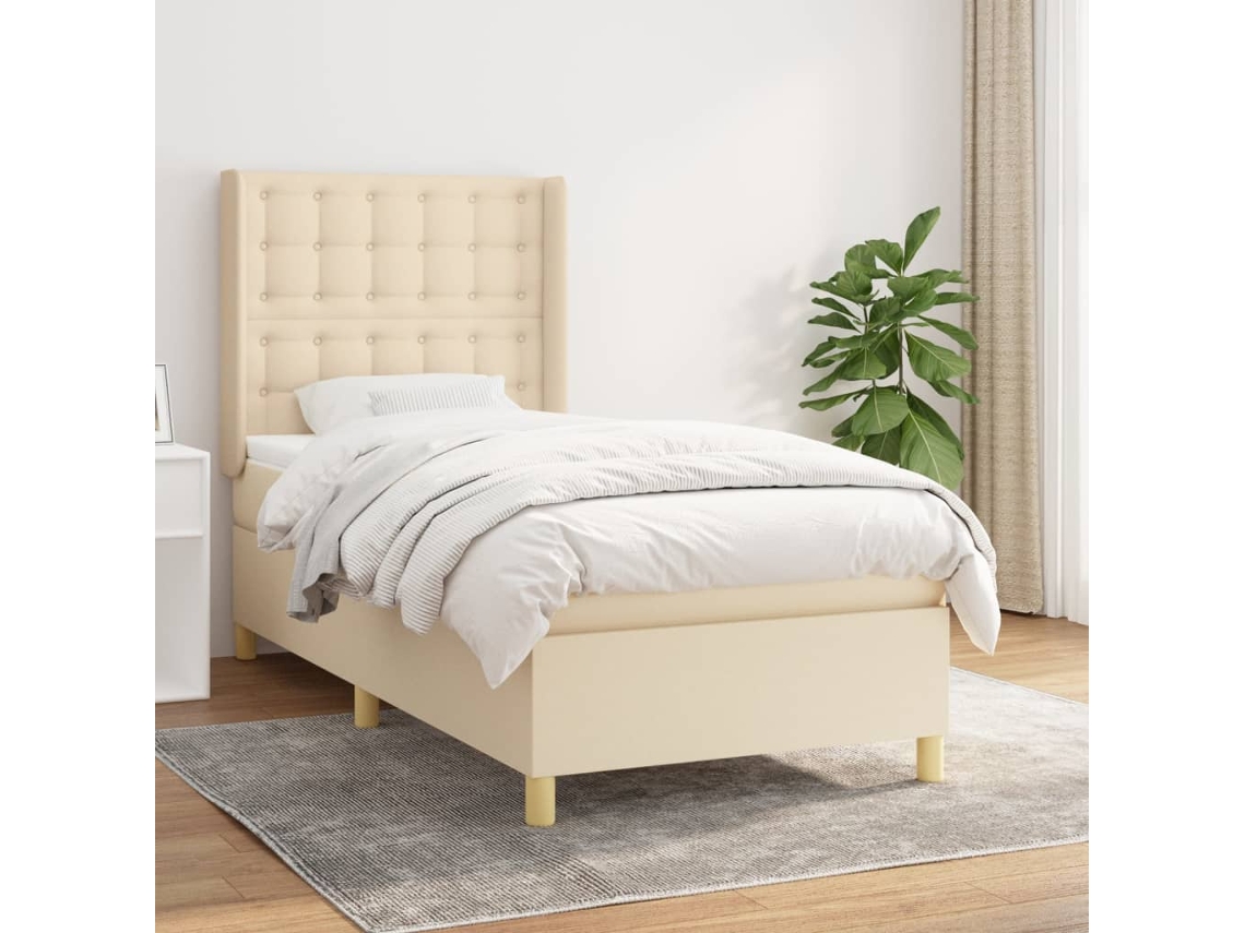 Cama Box Spring Con Colchón Tela Color Crema 100x200 Cm