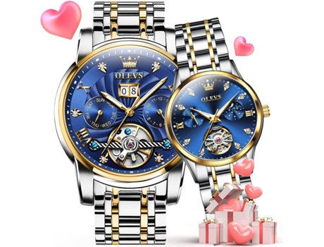VEANXIN Juego de relojes para parejas Reloj mecánico automático a juego(esfera azul)