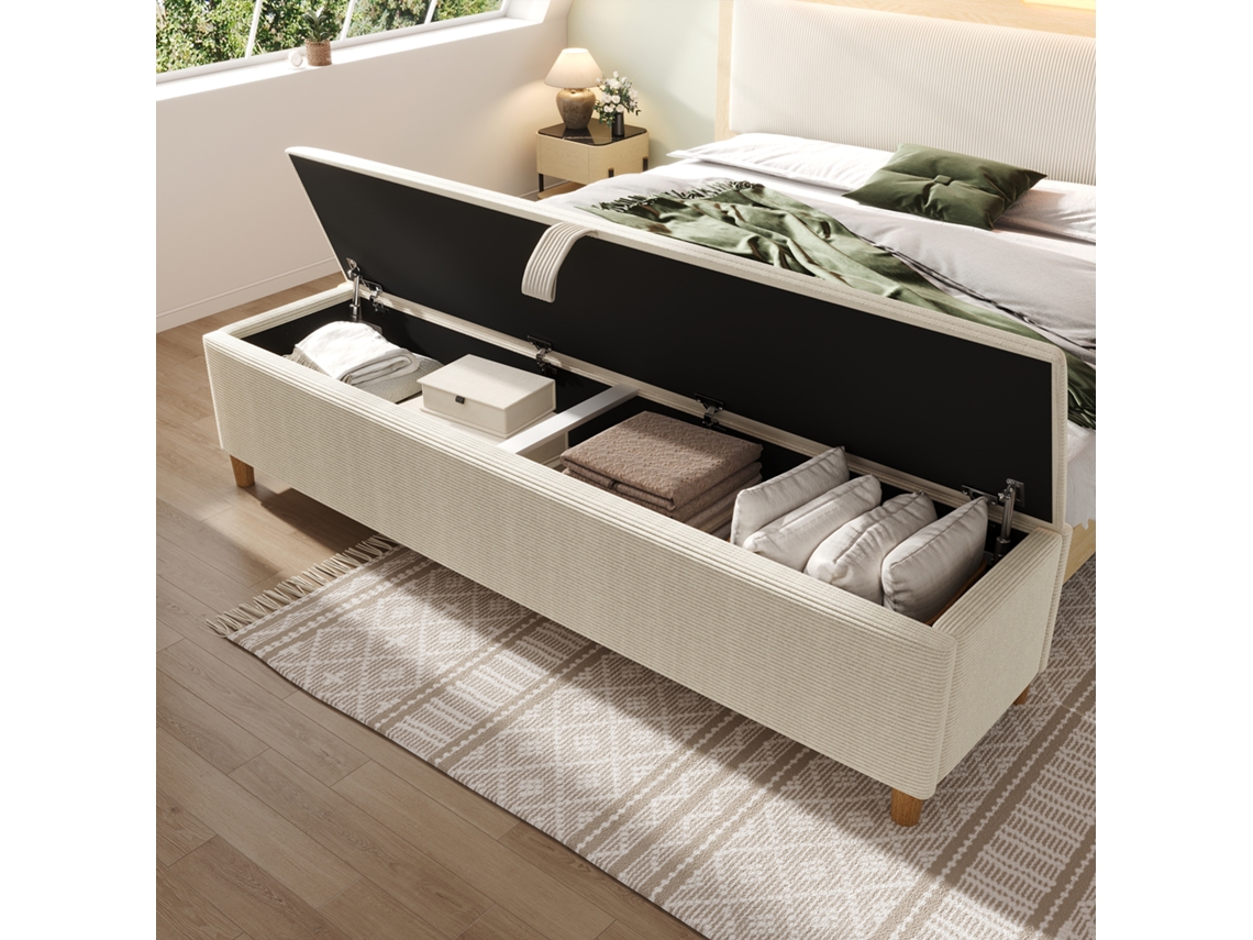 Banco de cama con espacio de almacenamiento, tapiz beige de 165x38cm
