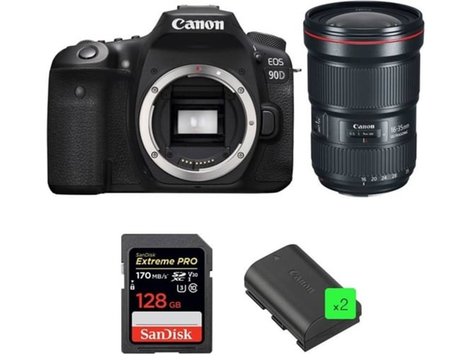 Kit Cámara Réflex CANON EOS 90D + EF 16-35mm f/2.8L III USM + SanDisk 128GB + 2 LP-E6N
