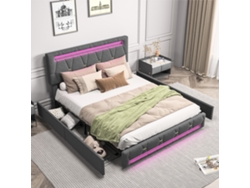 Cama Tapizada Matrimonial 140x200 Cm Con 4 Cajones Y Luz Led Rgb – Cabecero Ajustable, Tela De Lino Gris, Estructura Metálica, Moderna