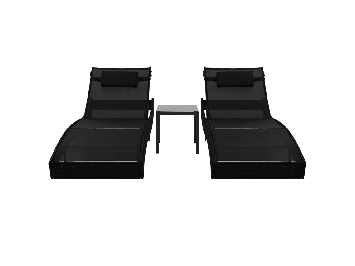 Tumbona con mesa, 2 piezas, mimbre, PE y textilene, negro