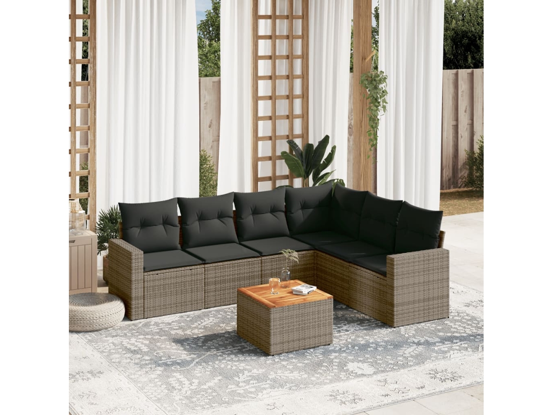 Conjunto de sofá de jardín de 7 piezas con cojines, mimbre gris, DKD Home Decor