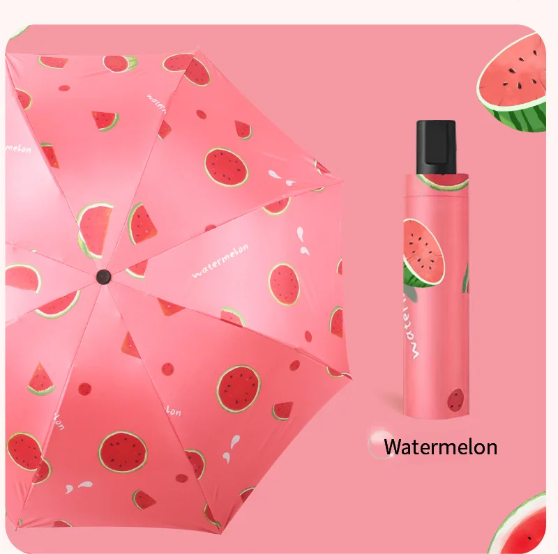 (sandía 8k) Paraguas Artesanal Con Estampado De Frutas, Plegable, Negro, De Doble Uso, Para Protección Solar Y Contra La Lluvia.