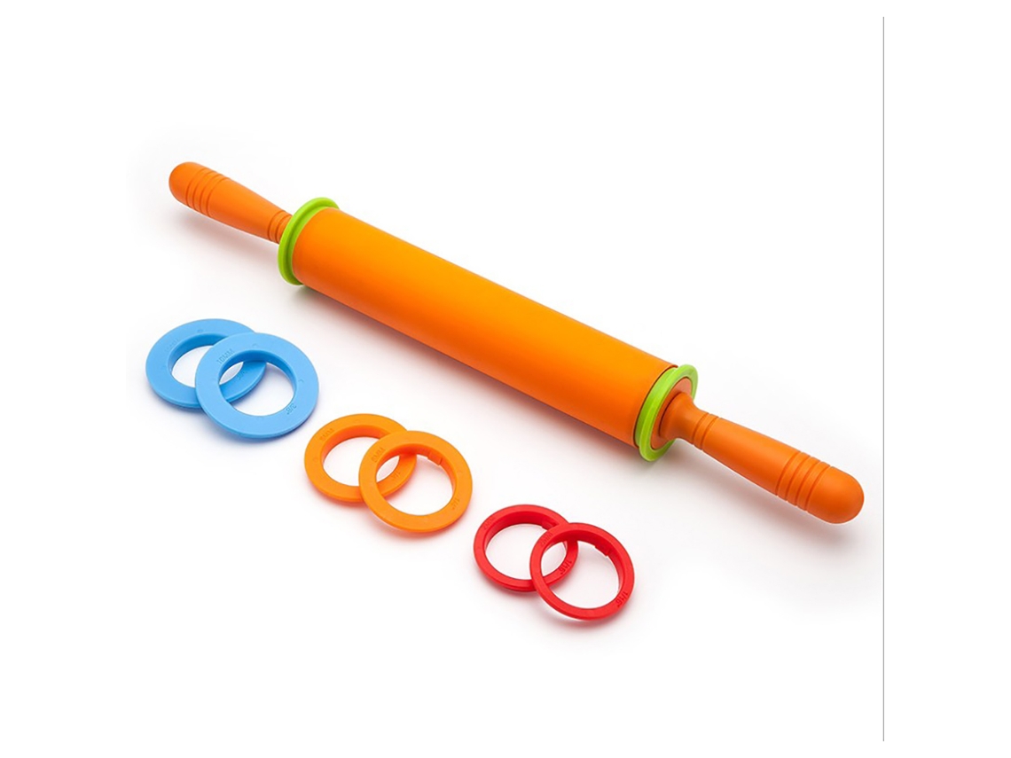 Rodillo de silicona ajustable con 4 espaciadores antiadherentes para pasteles y pizzas.